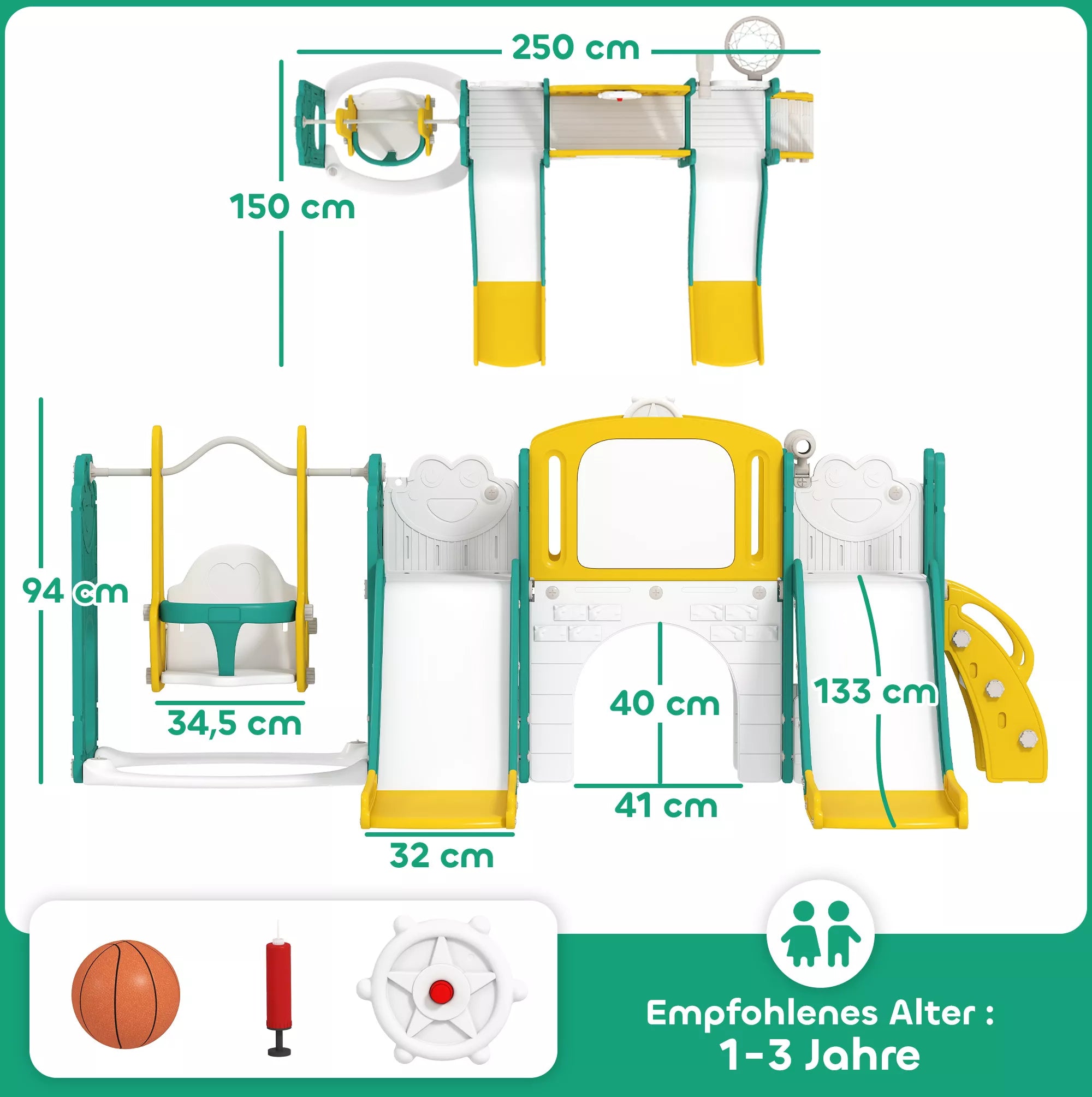 Čiuožykla ir sūpynių komplektas 9-in-1 vaikams nuo 1 metų, geltona