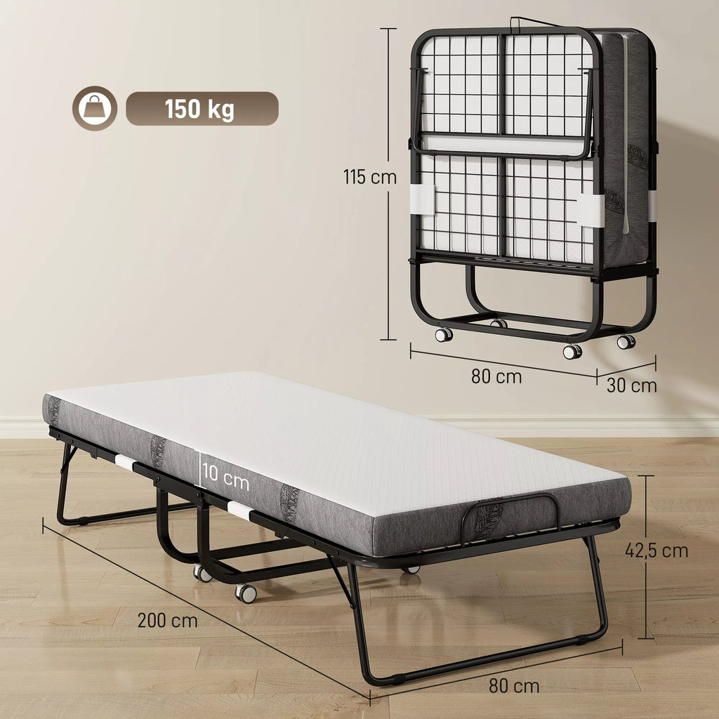 Sulankstoma lova 80x200 cm Suaugusiųjų svečių lova Sulankstoma su 10 cm storio putų guma Kelioninė lova su plieniniu rėmu Lauko lova su ratukais, atlaiko iki 150 kg svorį Viengulė lova