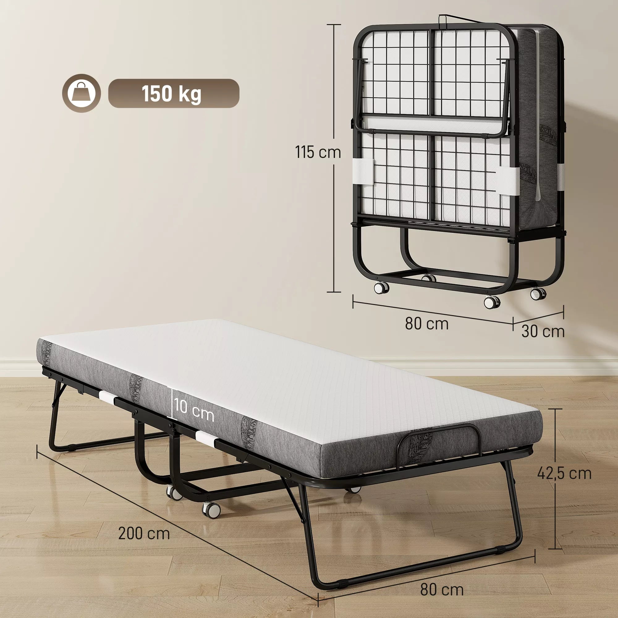 Sulankstoma lova 80x200 cm Suaugusiųjų svečių lova Sulankstoma su 10 cm storio putų guma Kelioninė lova su plieniniu rėmu Lauko lova su ratukais, atlaiko iki 150 kg svorį Viengulė lova