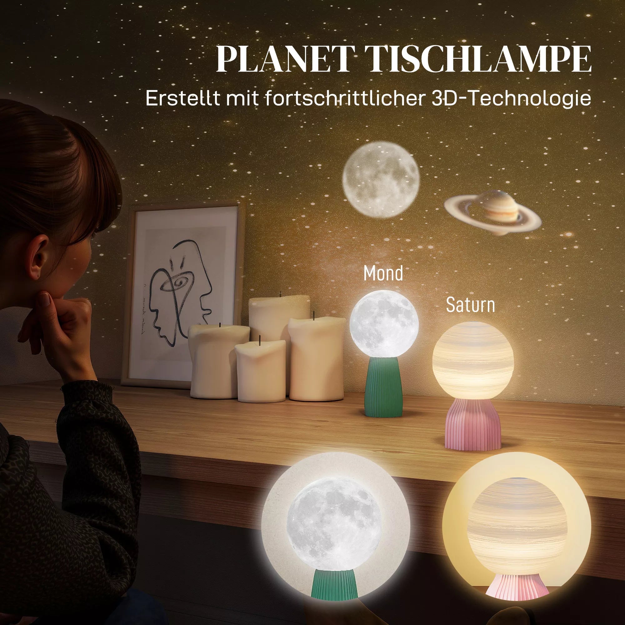 Grafika apie planetų motyvo stalo lempas