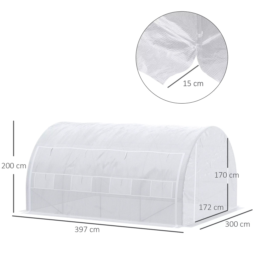 Tunelinis šiltnamis, įeinamas, suskleidžiamos sienos, durys su užtrauktuku, cinkuotas plieninis rėmas, 4 x 3 x 2 m, baltas