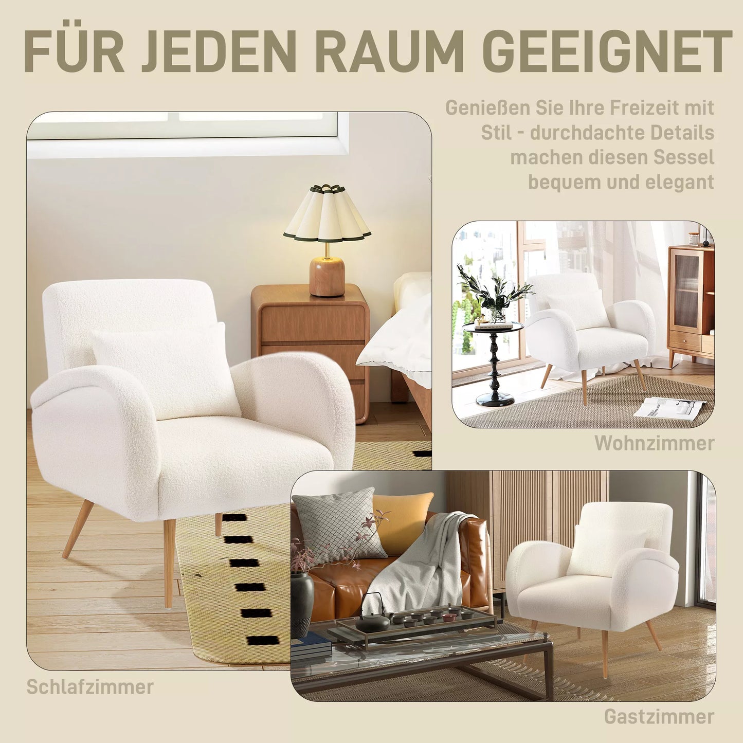 Minkštas fotelis, vilnos užvalkalas, minkštas krėslas su porankiais ir juosmens pagalvėle, metalinės kojelės, skaitymo fotelis, kreminės baltos spalvos