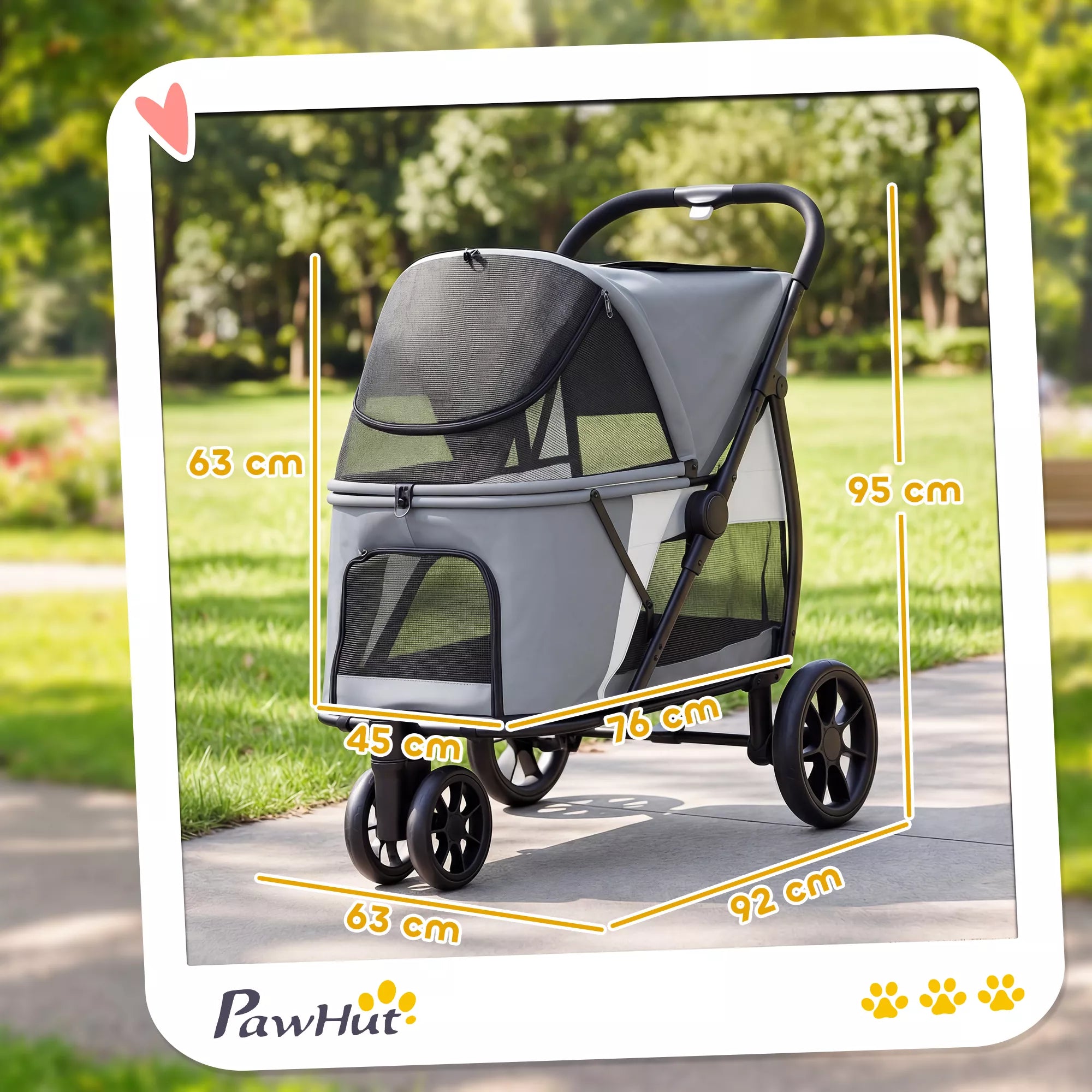 Sulenkiamas šunų vežimėlis su plaunamu pagalvėliu, tinkliniais langais, 3 ratais, skirtas vidutinio dydžio šunims iki 20 kg, pilkos spalvos