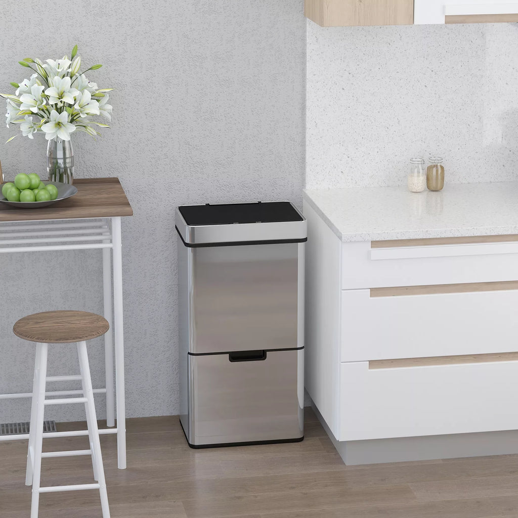 Šiukšliadėžė su jutikliu 47 l + 2 x 12,5 l Automatinė šiukšliadėžė su judesio jutikliu, vandeniui atspari šiukšlių rūšiavimo sistema iš nerūdijančio plieno, skirta virtuvei, sidabrinė