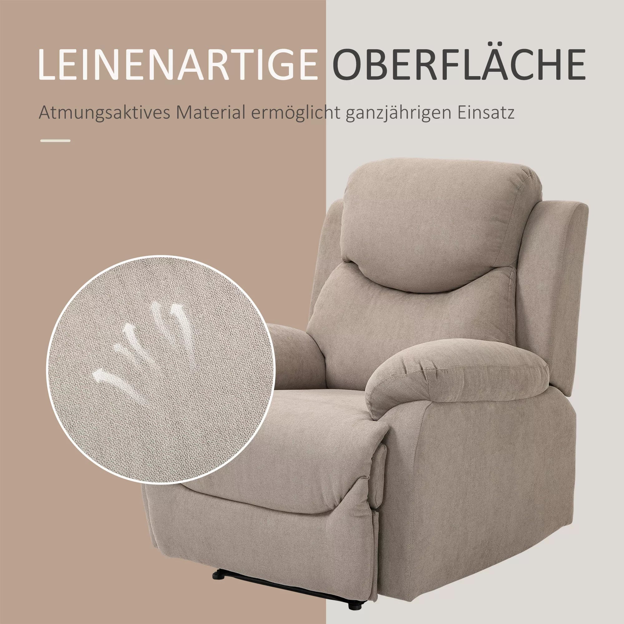 Atlošiamas krėslas, vienvietė sofa, gultas, 150° atlenkiamas televizoriaus krėslas, atlošiamas fotelis su miego funkcija svetainei, linas, smėlio spalvos, 93 x 88 x 102 cm