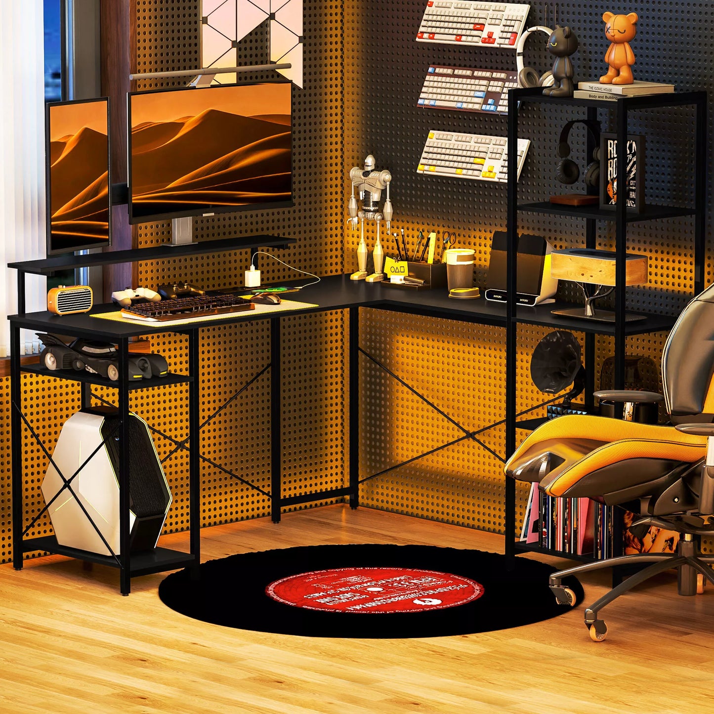 L formos rašomasis stalas su įkrovimo stotele, kampinis kompiuterio stalas su monitoriaus laikikliu ir lentynomis, namų biurui, biurui, juodas