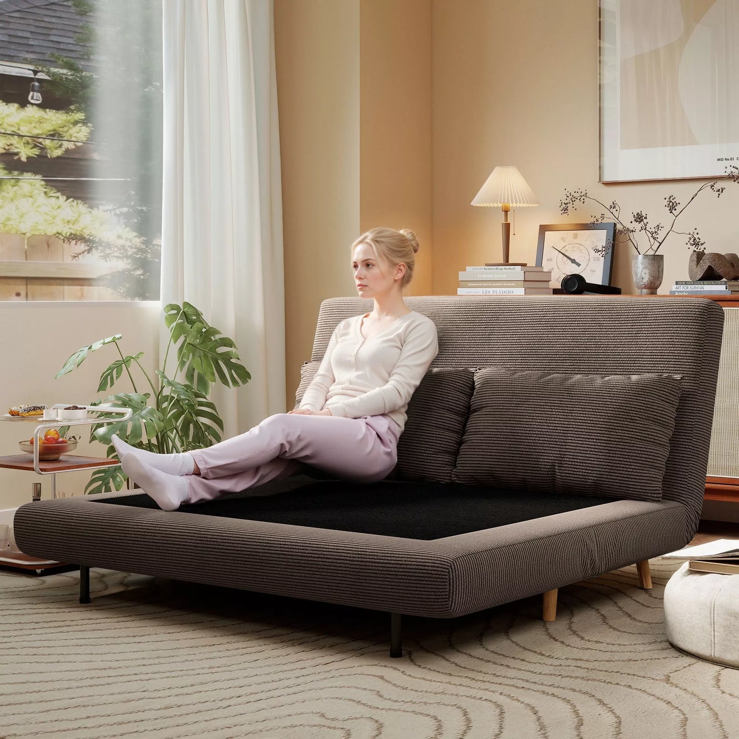 Miegamasis sofos, svečių lova, 3 pakopų reguliuojamas atlošas, kordas, iki 120 kg, 141 x 90 x 81 cm, tamsiai ruda