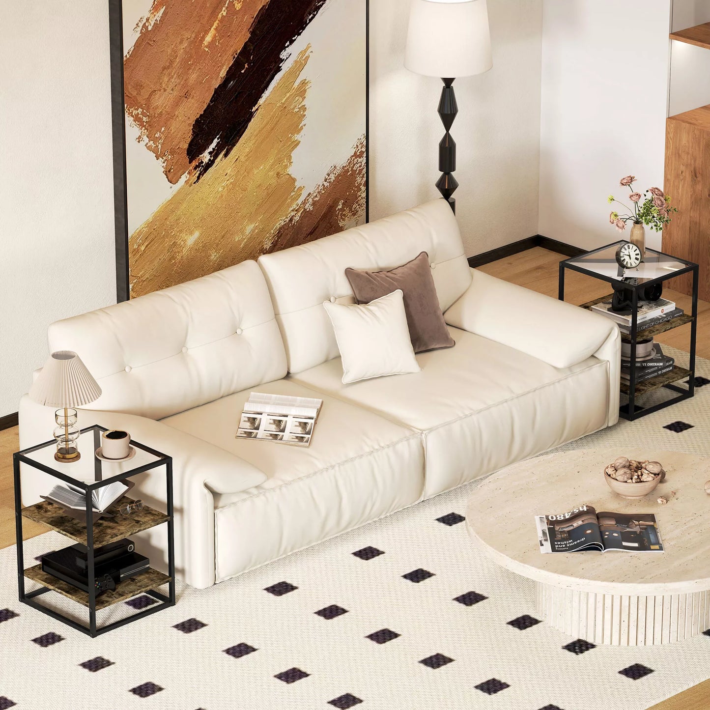 2 vnt. rinkinys stalelių su stikliniu stalviršiu, 3 pakopų dizainas, metalinis rėmas, skirta svetainei, miegamajam, ruda