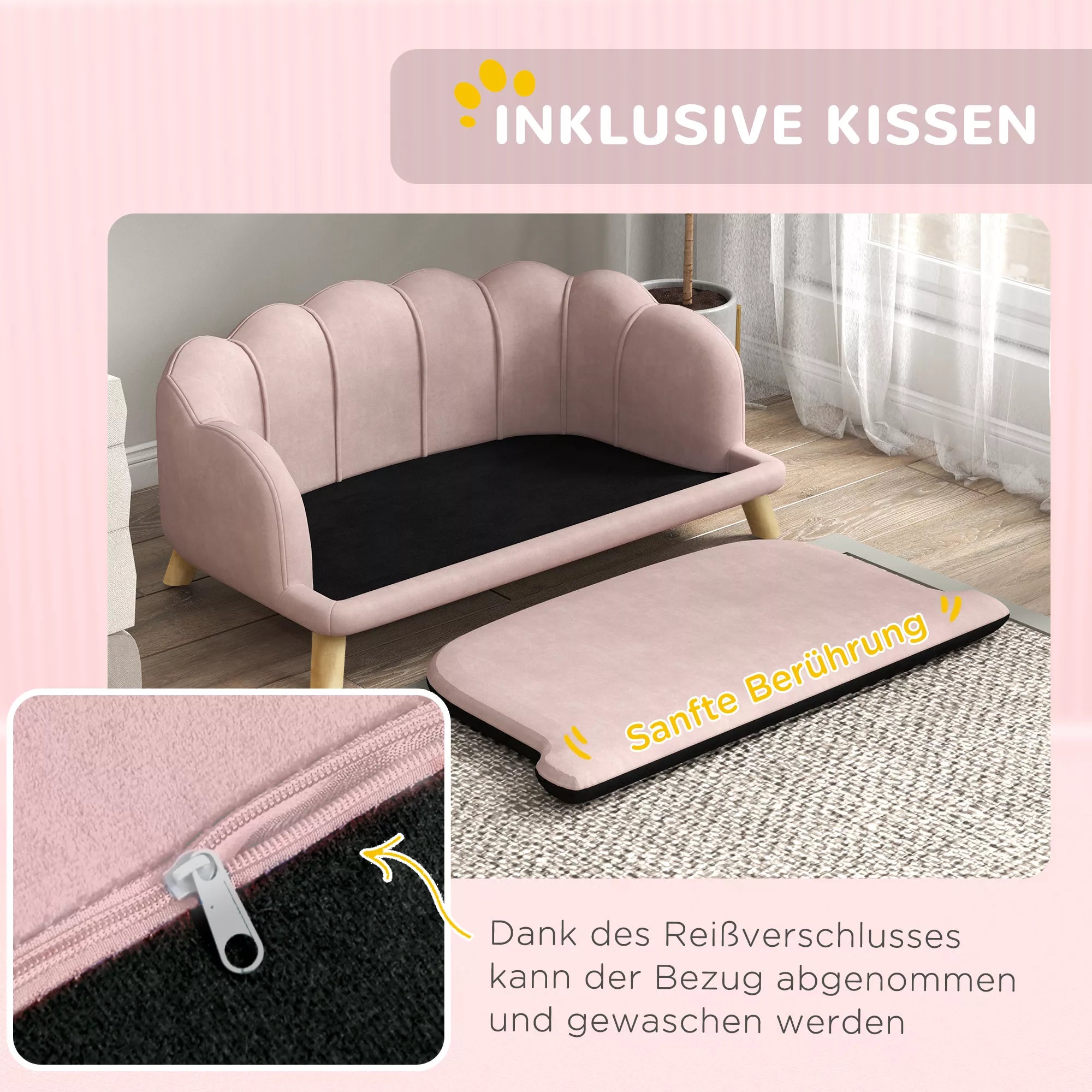 Namai augintiniams skirtas sofa vidutinio dydžio ir dideliems šunims iki 25 kg, tvirtas medinis, paminkštintas, rožinis