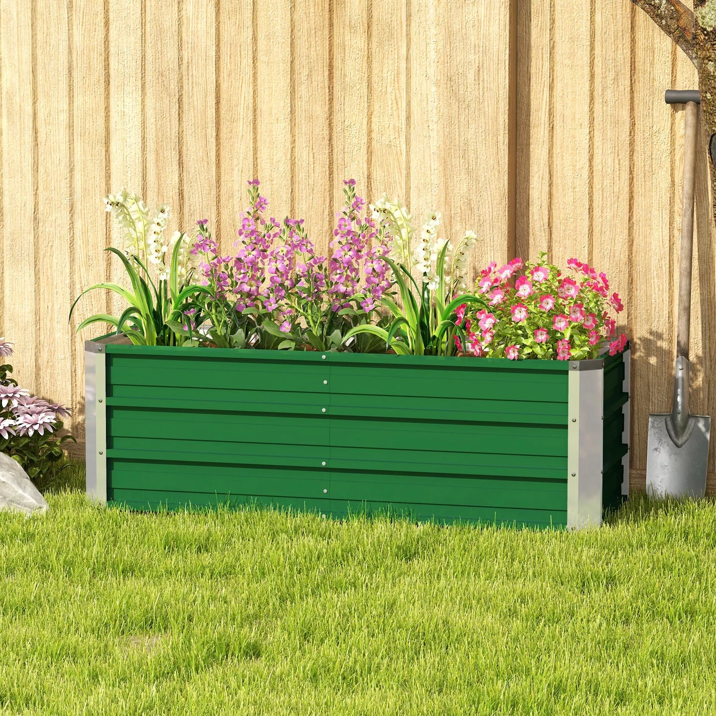 Žalias metalinis pakeltas lysvas, 2 atskiri auginimo plotai, atviras dugnas, lengvas surinkimas, 125 x 47 x 40cm