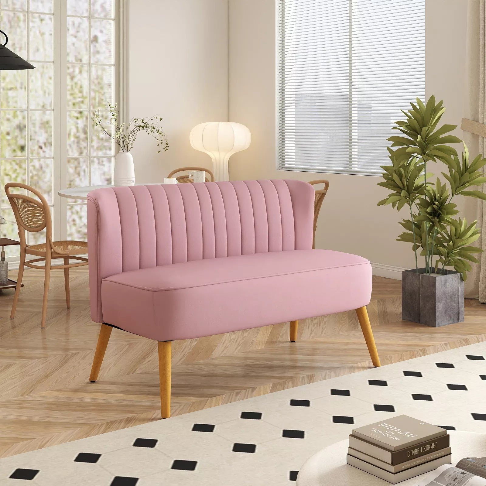 2 vietų audinio sofa, minkšta sofa, dvivietė sofa, sėdėjimo baldas, poilsio sofa, mediena, rausvo aksomo tipo poliesteris, putplastis, rožinė, 117 x 56,5 x 77 cm