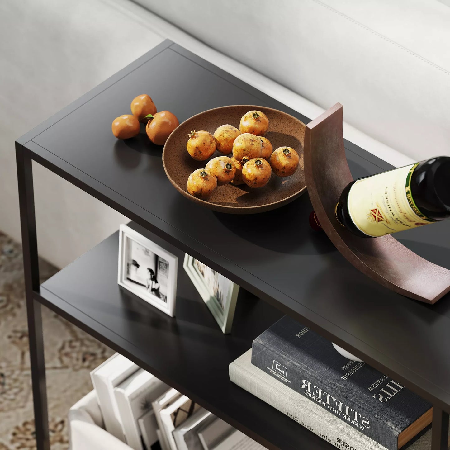 Konsolinis staliukas, 4 lygiai, plieninis rėmas, prieškambariui, svetainei, juodas