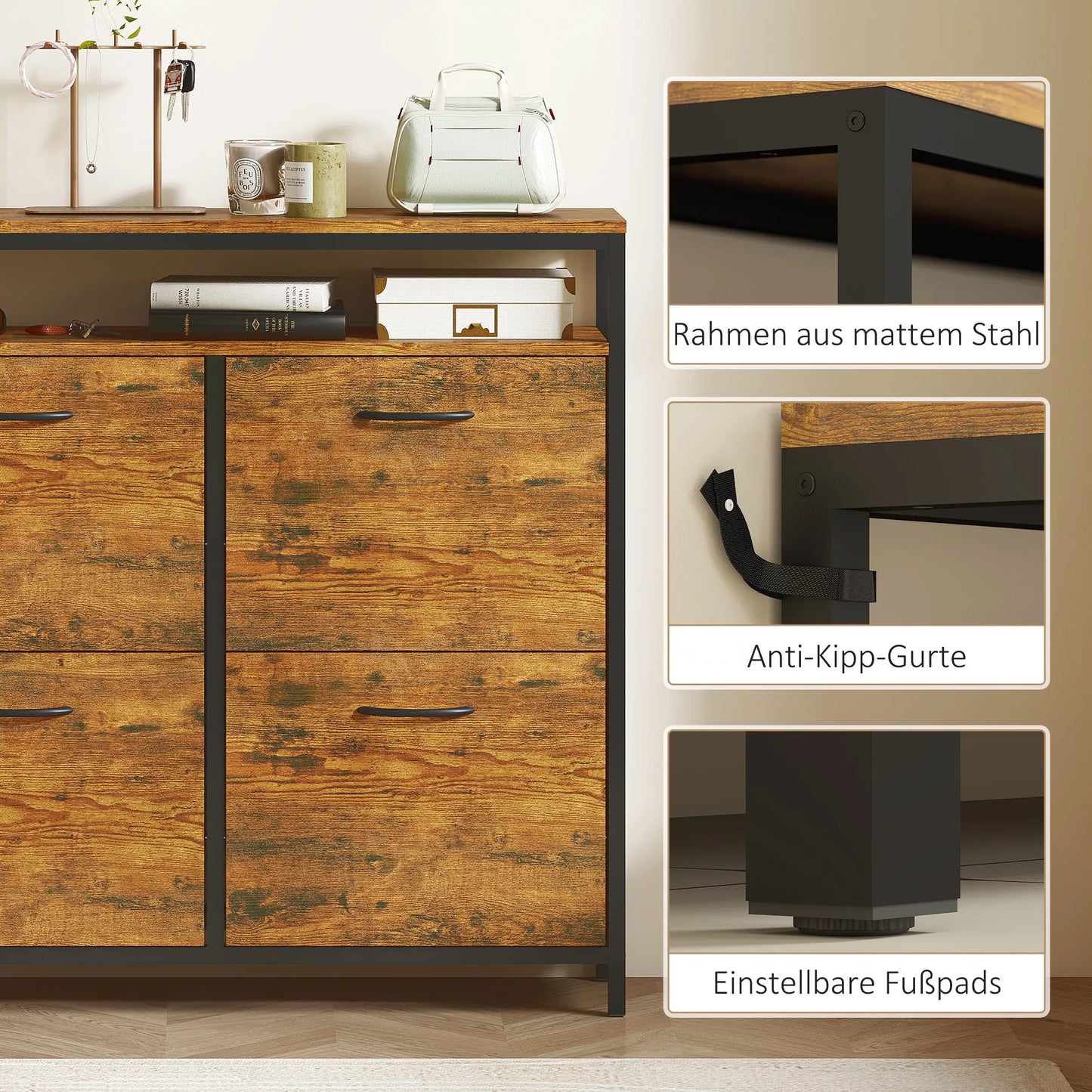 Siauros konstrukcijos batų spinta su 4 atlenkiamais stalčiais, atvira lentyna, talpa 12-20 porų batų, plieninė, ruda