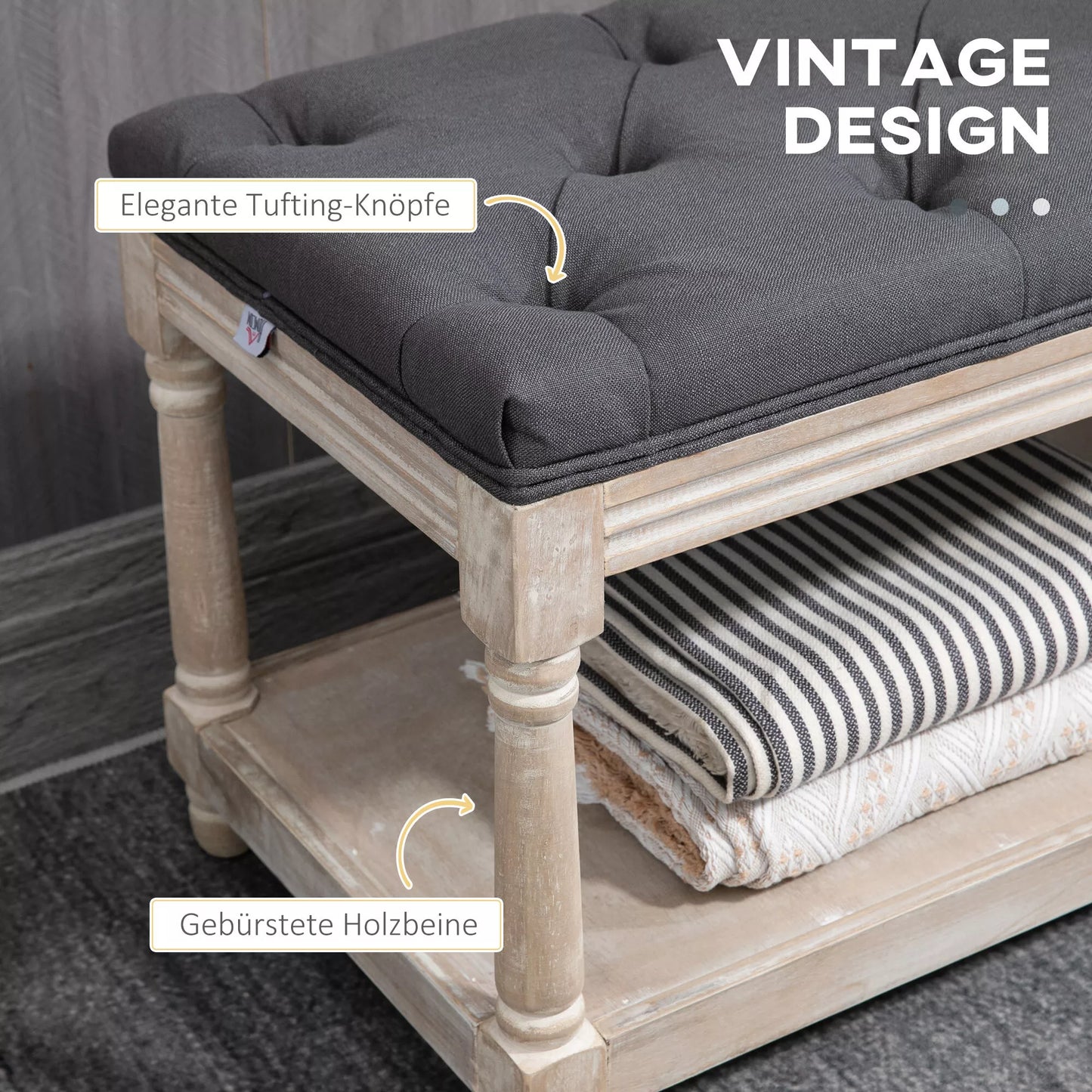 Suolas su daiktadėže, vintažinio dizaino, dekoruotas sagomis, iš gummedžio medienos, 115x40x48cm, pilkos spalvos