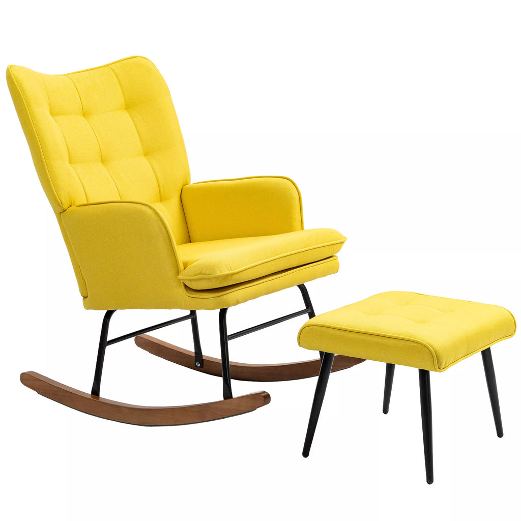 Sūpynės kėdė su pufu Skandidesign Sūpynės kėdė su pufu, bukmedžio, dygsniuota, 64 cm x 89 cm x 90 cm Geltona