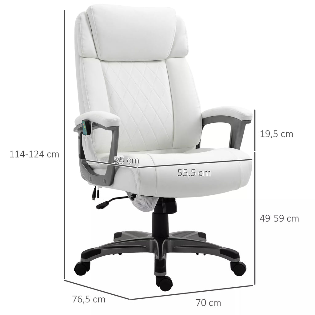 Masažinė biuro kėdė, 6 taškų masažinis pasukamas krėslas, ergonomiška, reguliuojama, dirbtinės odos, su lenkta galvos atrama ir porankiu, balta 70 x 76,5 x 114-124 cm