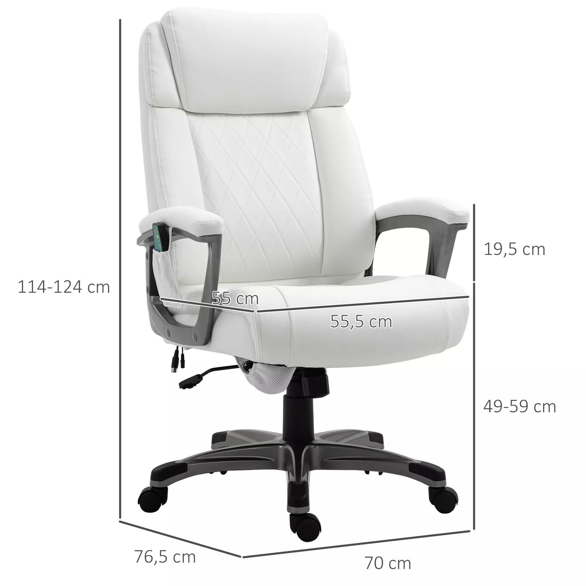 Masažinė biuro kėdė, 6 taškų masažinis pasukamas krėslas, ergonomiška, reguliuojama, dirbtinės odos, su lenkta galvos atrama ir porankiu, balta 70 x 76,5 x 114-124 cm