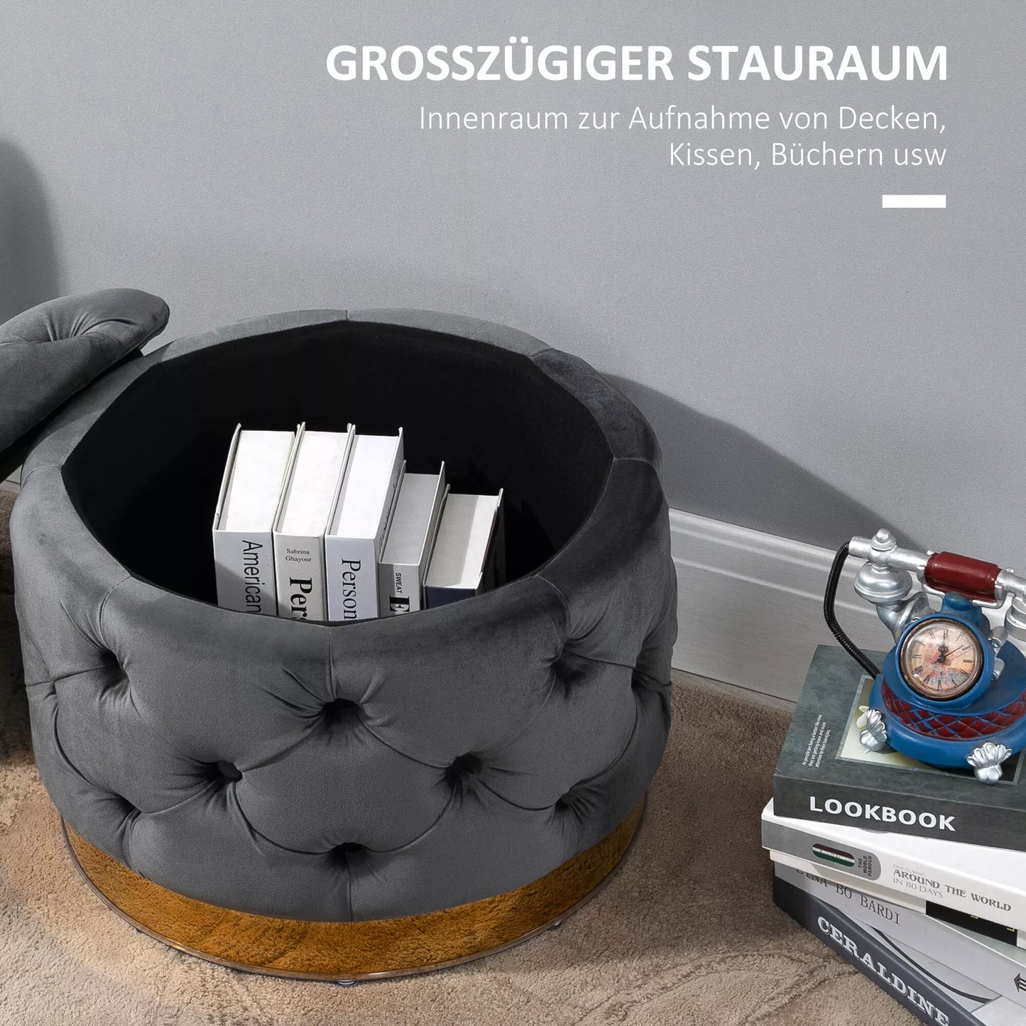 Vintažinis pufas, sėdima taburetė, skrynelė su vieta daiktams, paminkštinta kojų taburetė, metalas, putplastis, anglies pilkumo, 55 x 55 x 42 cm