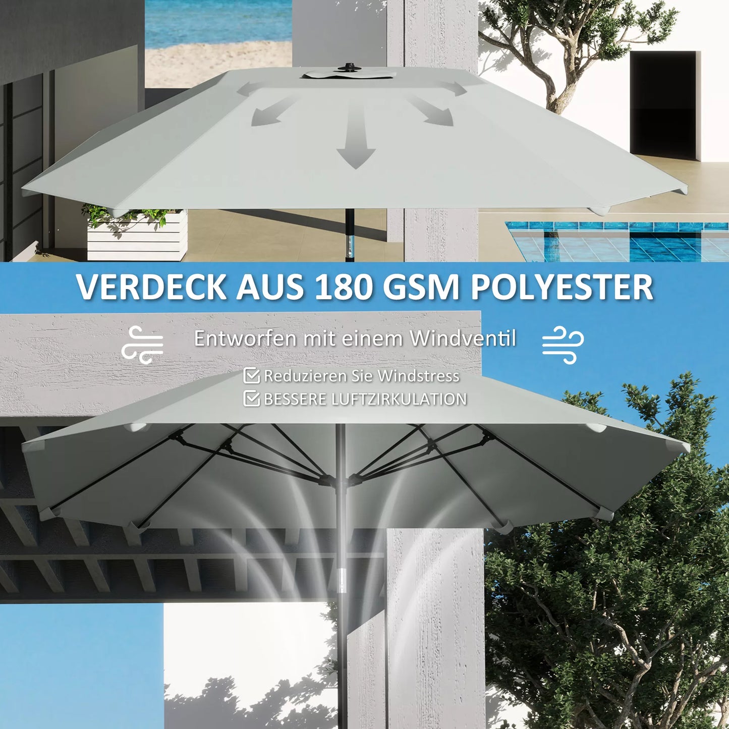 2,3 m skėtis nuo saulės be pagrindo, reguliuojamas terasos skėtis su rankenėle, poliesteris, aliuminis, stiklo pluoštas, tamsiai pilka