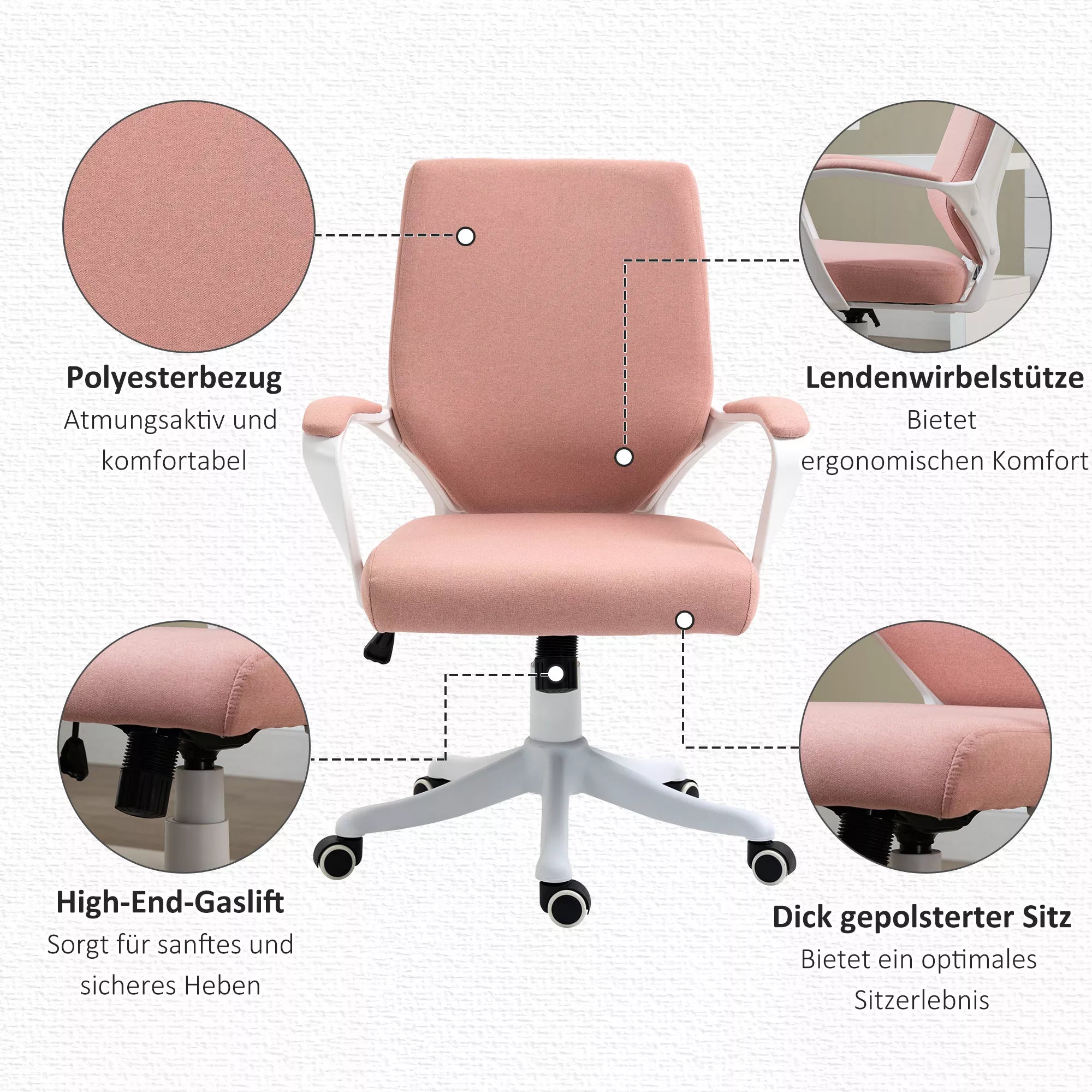 Biuro kėdė, darbo kėdė, namų biuro kėdė su supimo funkcija, reguliuojamo aukščio atlošas, storai paminkštinta, ergonomiška, 360° besisukantys ratukai, poliesteris, nailonas, PP, rožinė+balta, 62x69x92-100 cm
