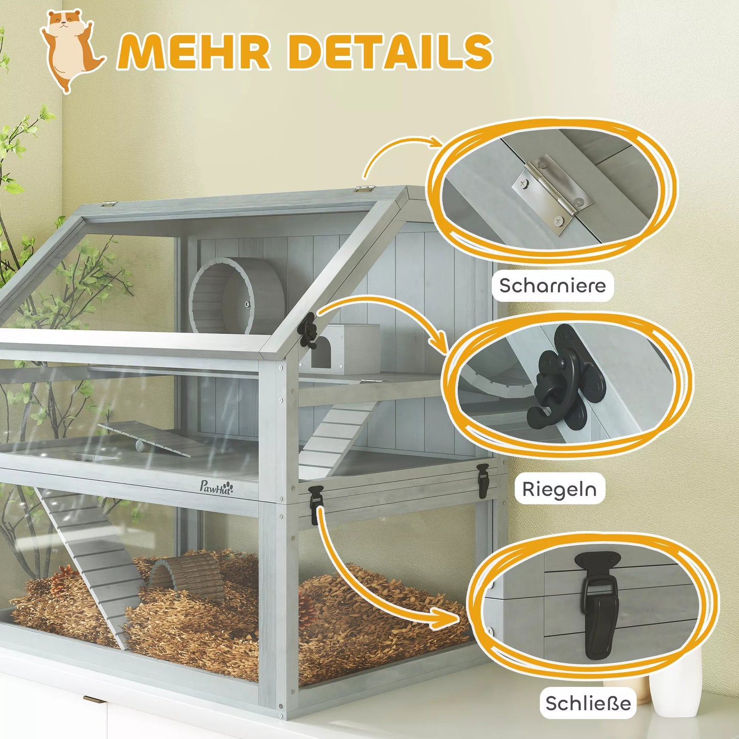 Medinų namelis žiurkėnams, 3 aukštų su didele dugnine, nuimamais lygiais, smulkiems gyvūnėliams, 80x50x76cm, šviesiai pilkas