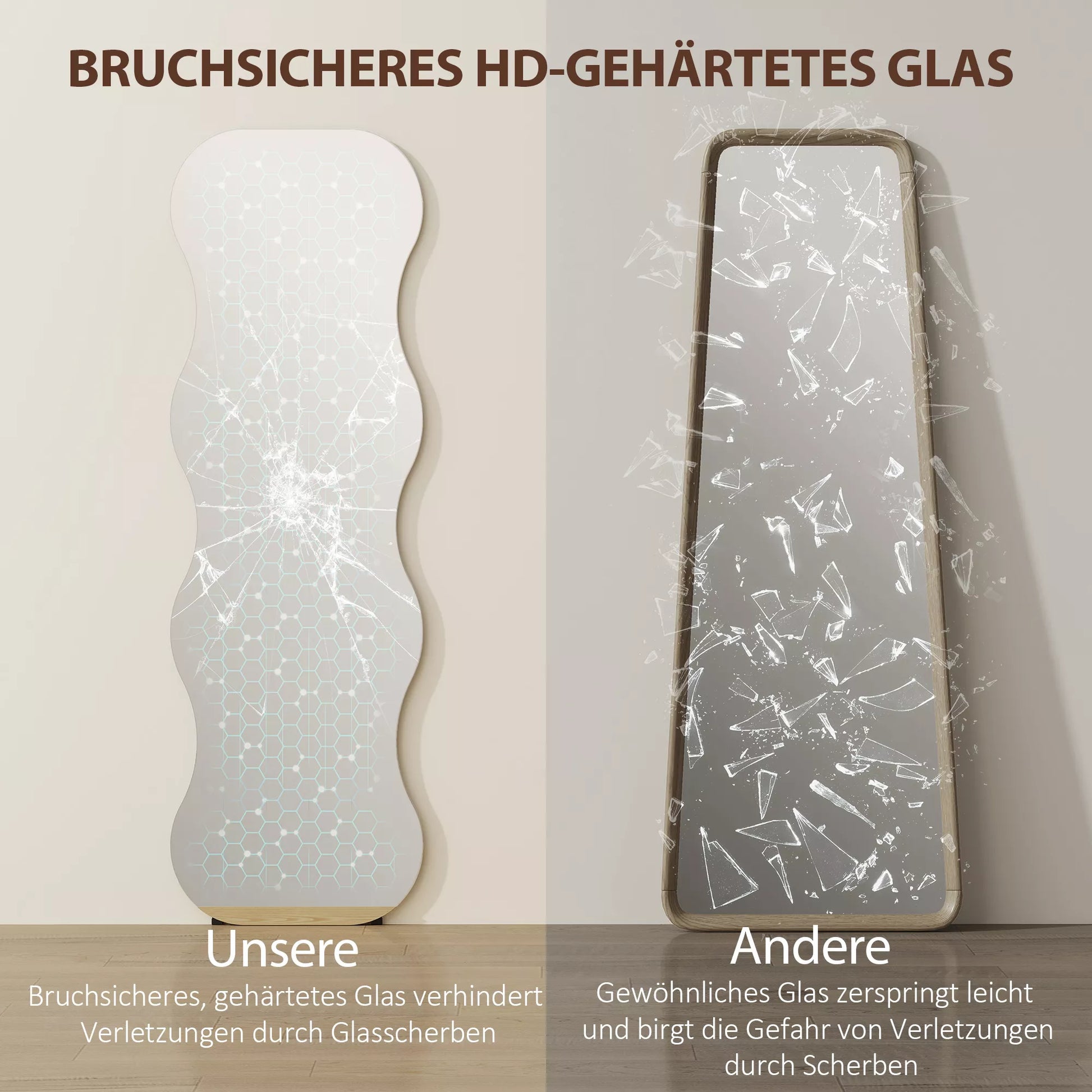 Visą kūną atspindintis veidrodis be rėmo, medinis pagrindas, lankstus išdėstymas, banguotas, juodas