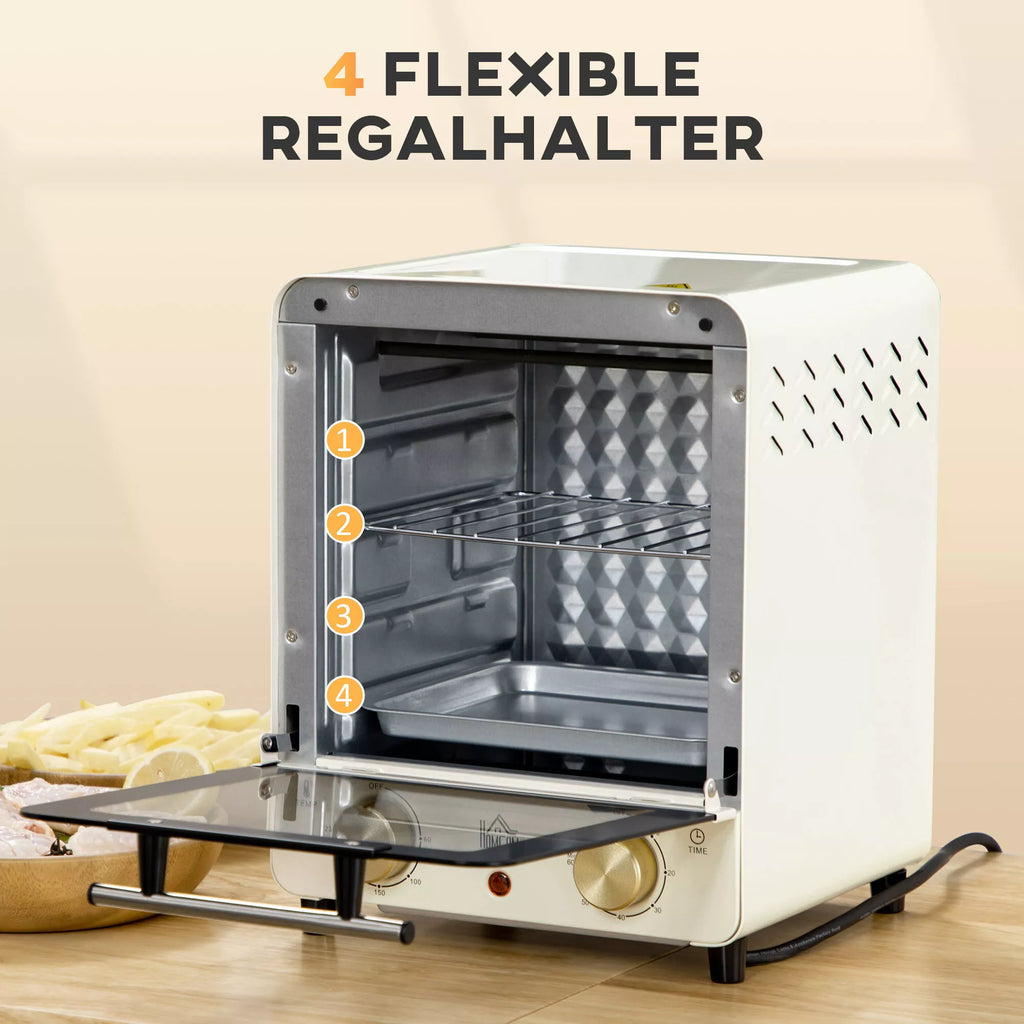 Mini orkaitė, 15 l talpa, aukščio reguliuojama kepimo skarda ir grotelės, 1000 W, kreminė balta spalva