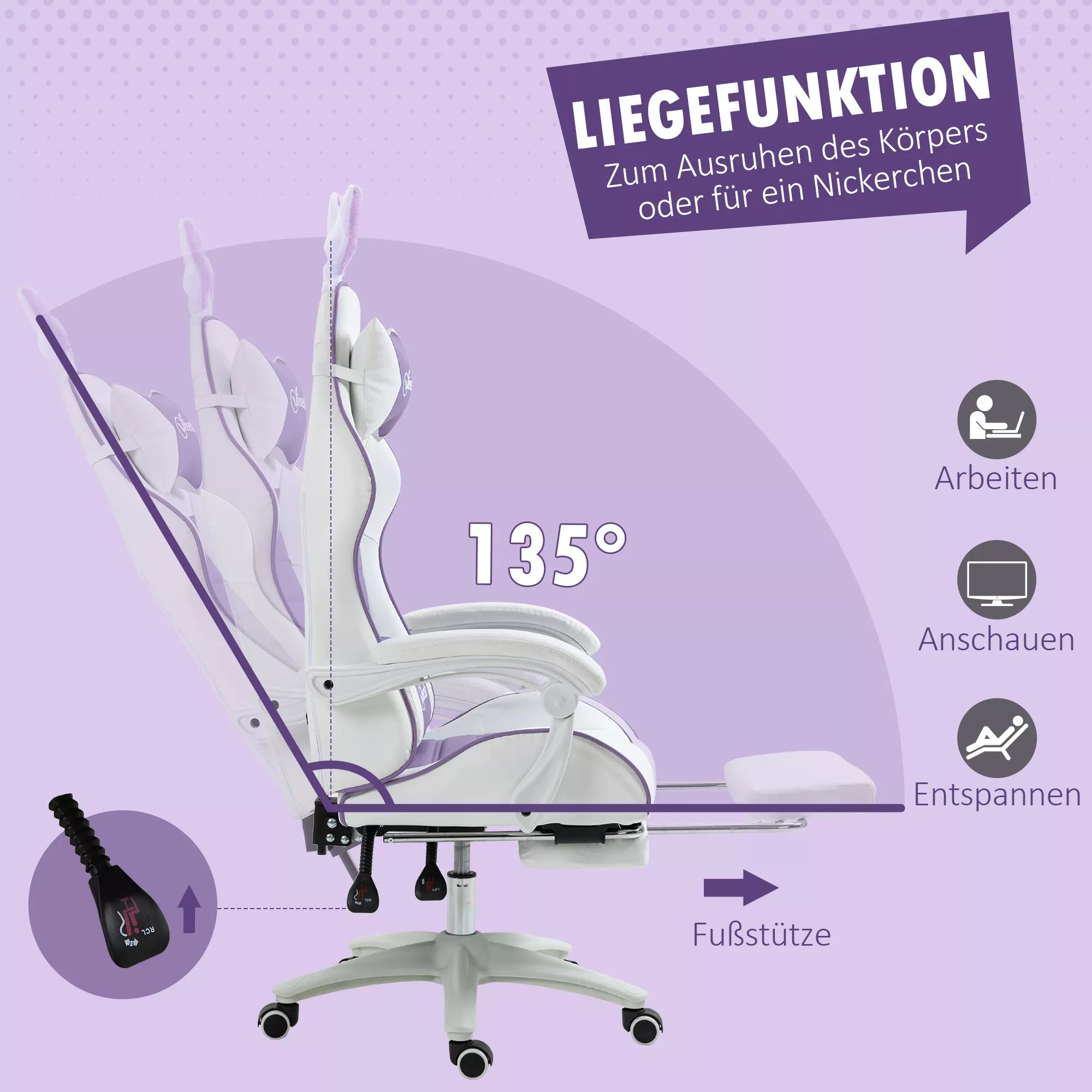 Infografika: violetinė kėdė atlenkiama 135 laipsnių su kojų atrama