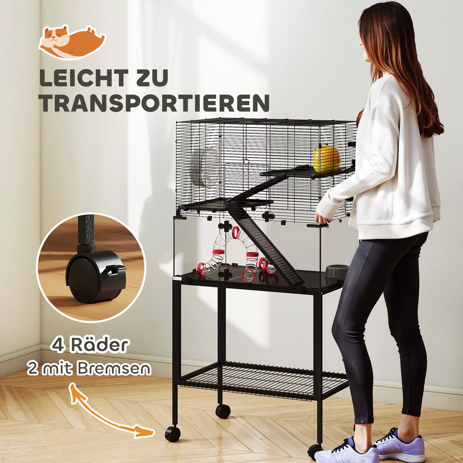 Hamsterio narvelis, 3 aukštų narvelis smulkiesiems gyvūnams, bėgimo ratas, namelis, platformos, rampos, pašaro dubuo, vandens butelis, priedai, plienas, plastikas, juoda spalva