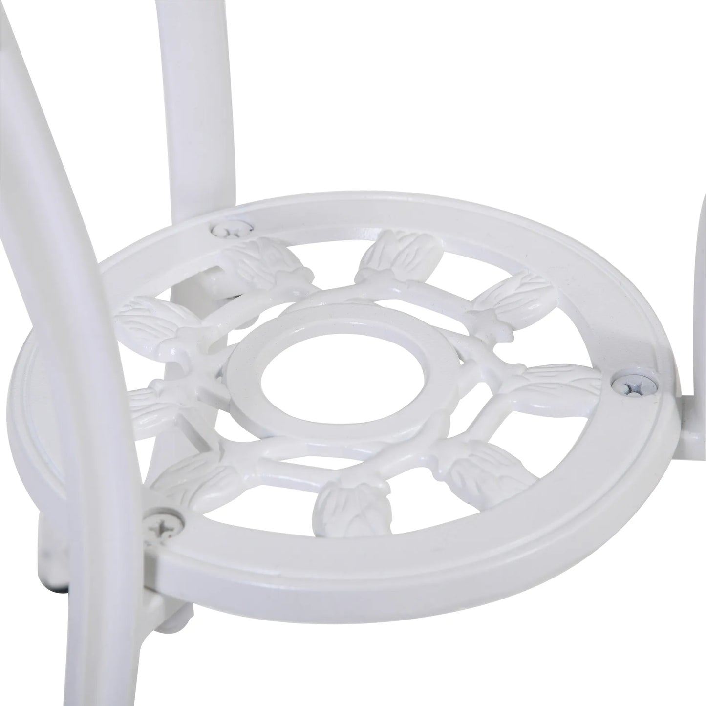 Sėdimoji lauko baldų grupė 2 asmenims: 1 stalas + 2 kėdės, su skėčio anga, aliuminio, balta