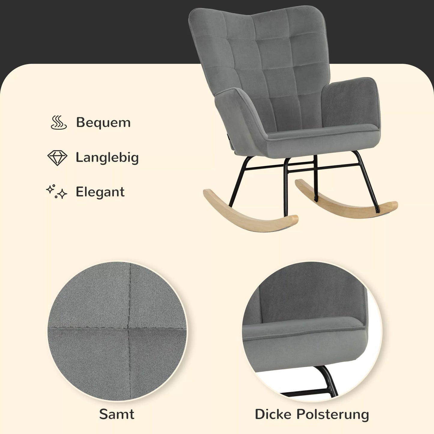 Vintažinė supamoji kėdė, išlenkti bėgeliai, storas paminkštinimas, buko mediena ir plienas, tamsiai pilka