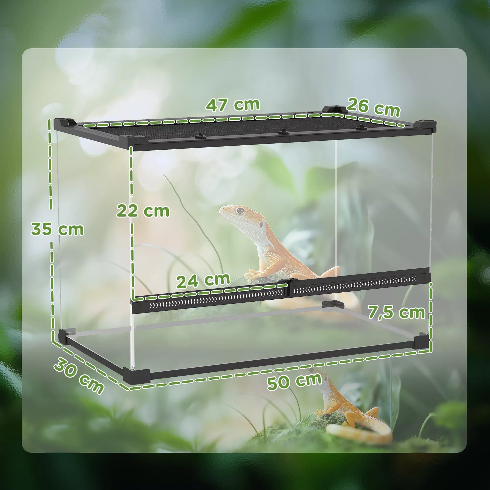 Stiklinis terariumas ropliams, paaukštintas ir vandeniui atsparus dugnas, sagties užraktas