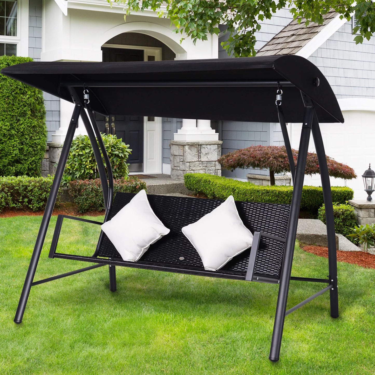 3 vietų poliratano ir metalo holivudinis suoliukas-supynės su pagalvėlėmis, atlaiko iki 360 kg, naujas (juodas)