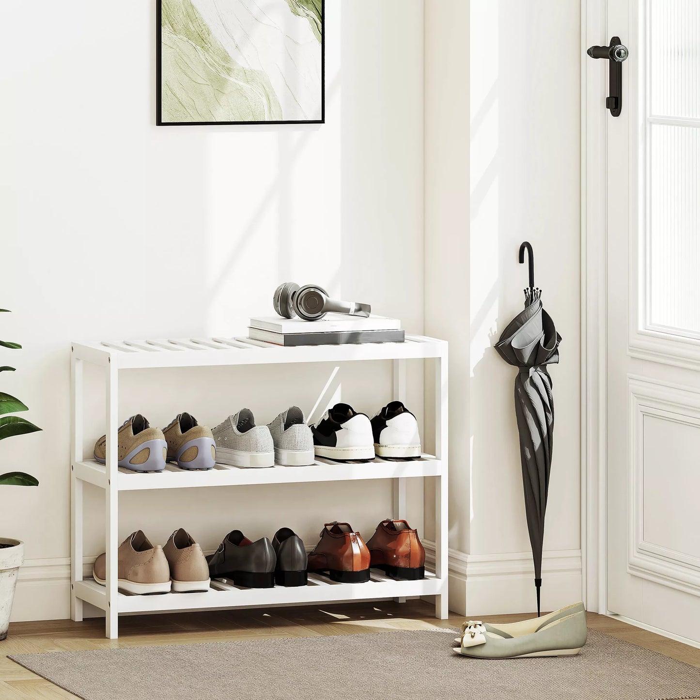 3 pakopų bambuko lentynos, batų lentynos, laikymo lentynos, lakuotas paviršius, baltos spalvos