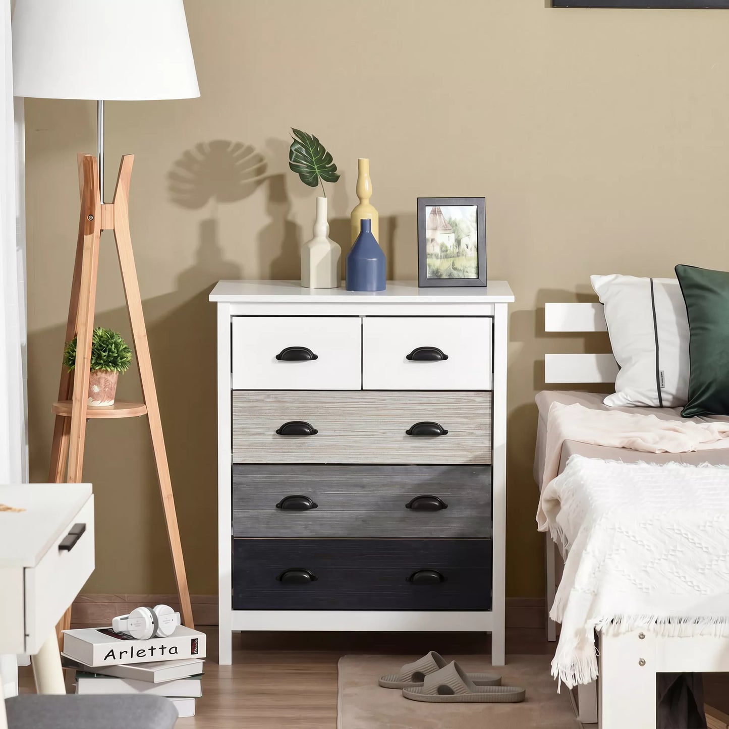 Bufetas, komoda, 5 stalčiai, lakuotas paviršius, MDF ir pušies mediena, 70 x 38 x 85 cm, balta