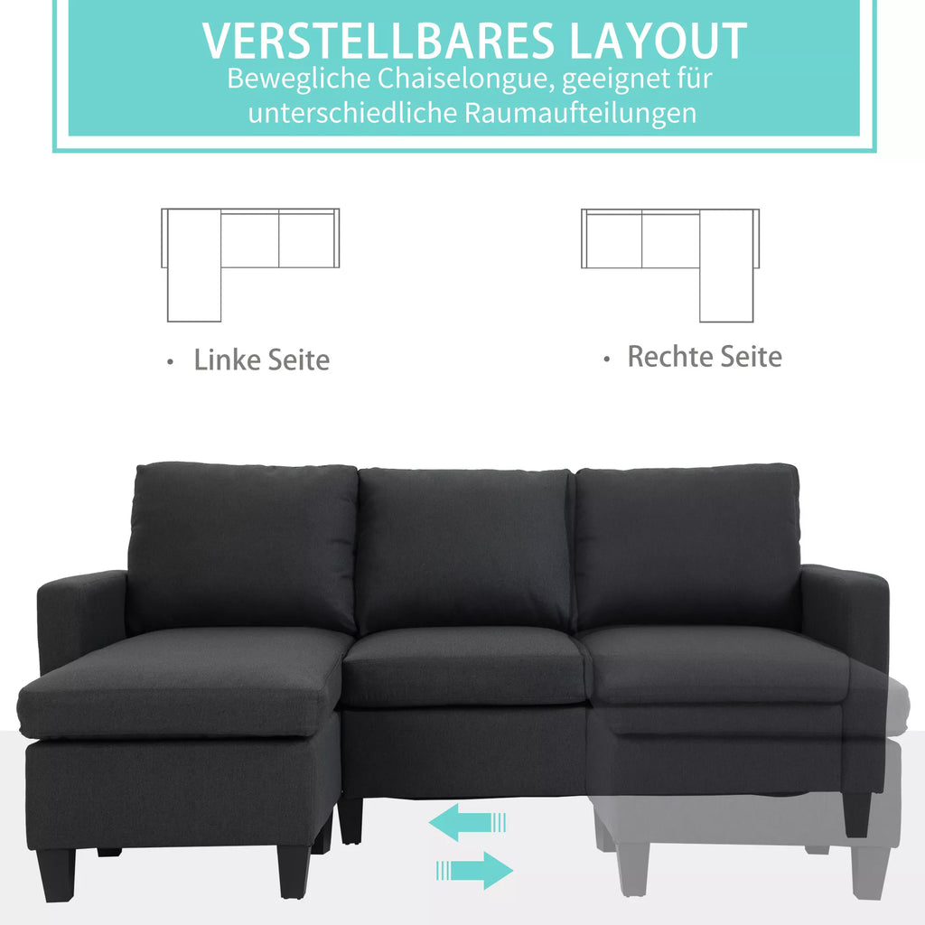 Kampas sekcija, 3 vietų sofa su pagalvėlėmis, kampinė sofa, L formos sofa svetainei, miegamajam 197 x 139 x 91 cm, linas, tamsiai pilka