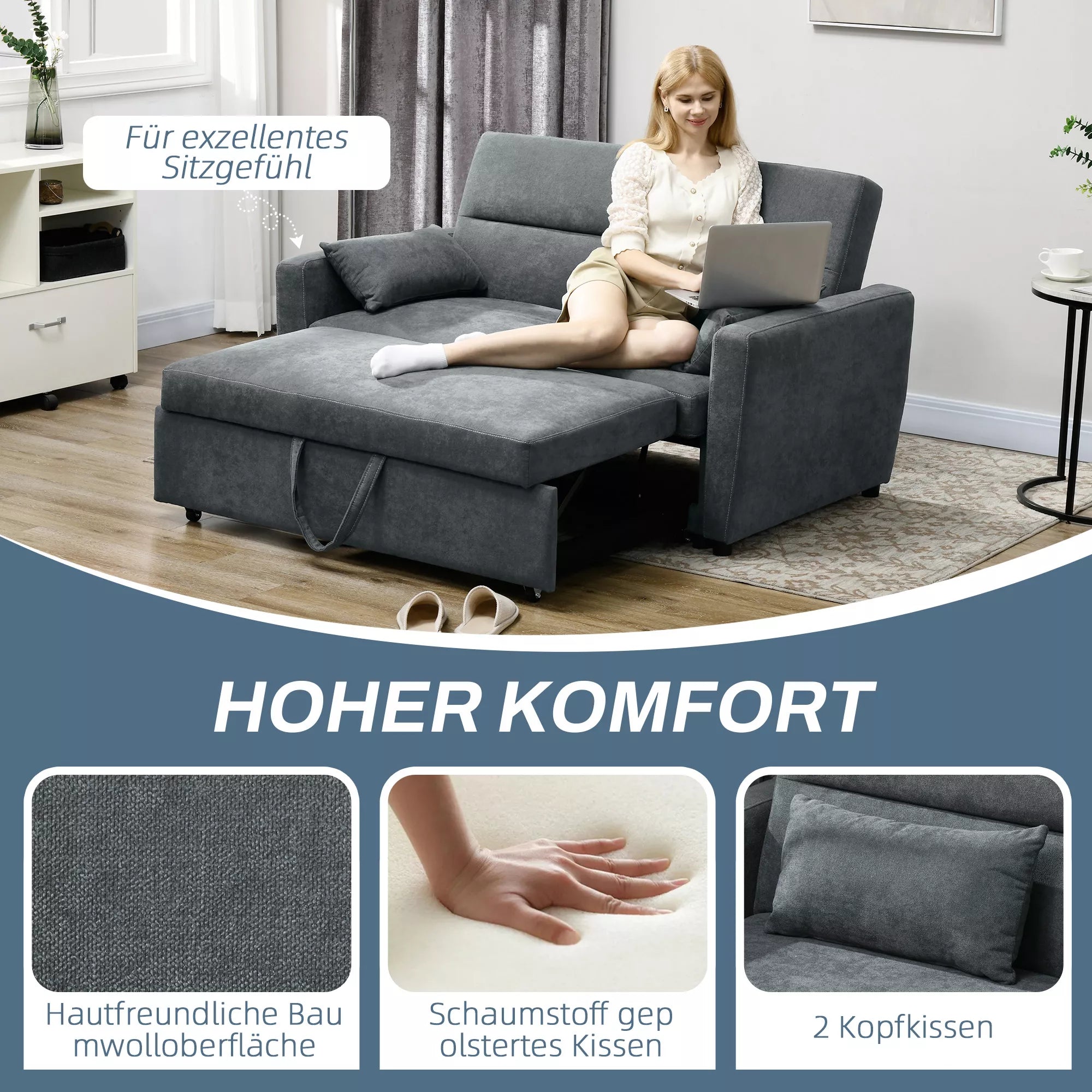 Miegamoji sofa, 2 vietų, išlankstoma, iki 200 kg, medinis rėmas, 155x90x88,5cm, tamsiai pilka
