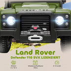 Žalio Land Rover Defender elektromobilio priekis su LED žibintais ir Land Rover logotipu