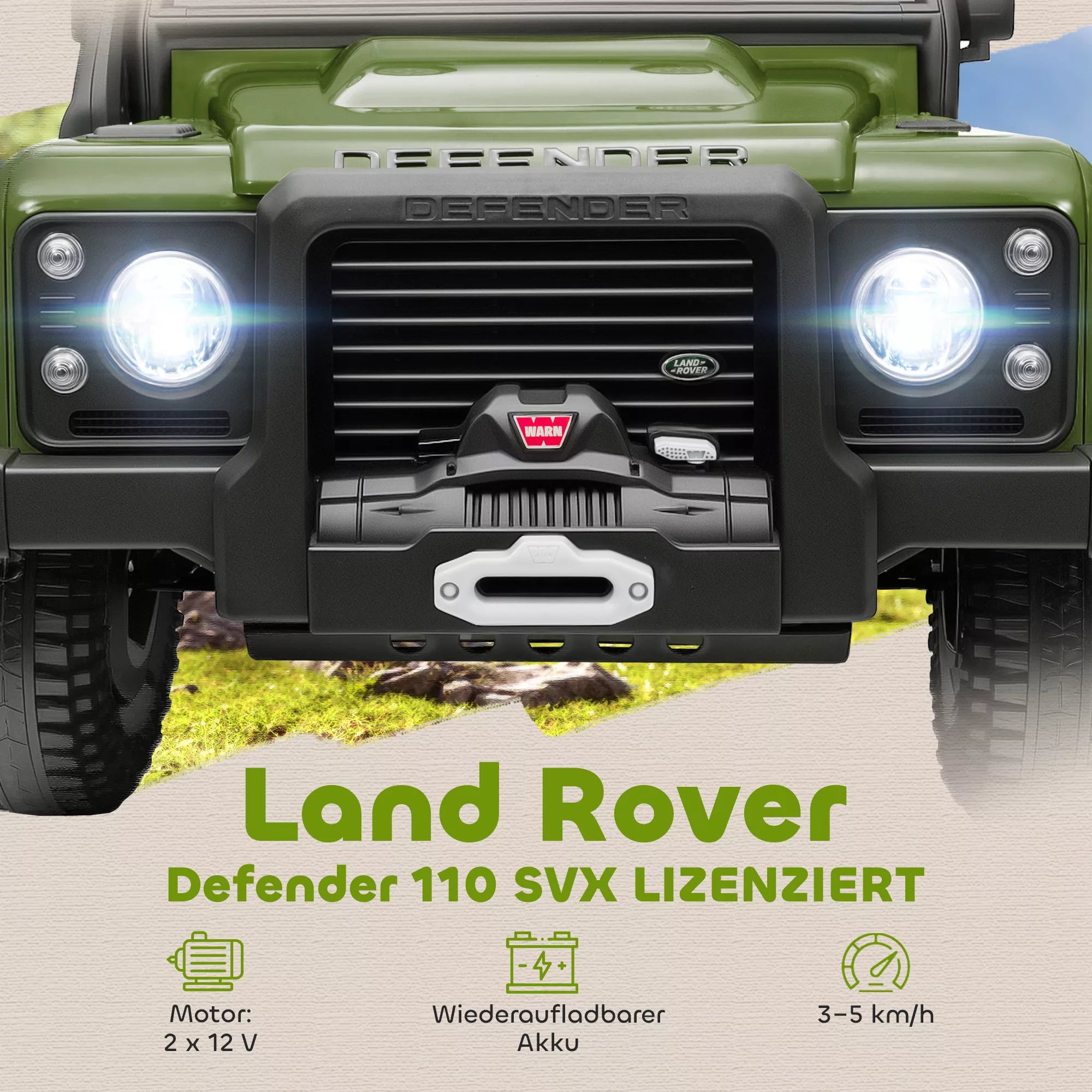 Vaikiškas elektromobilis Land Rover Defender, 37–60 mėn. vaikams, žalias