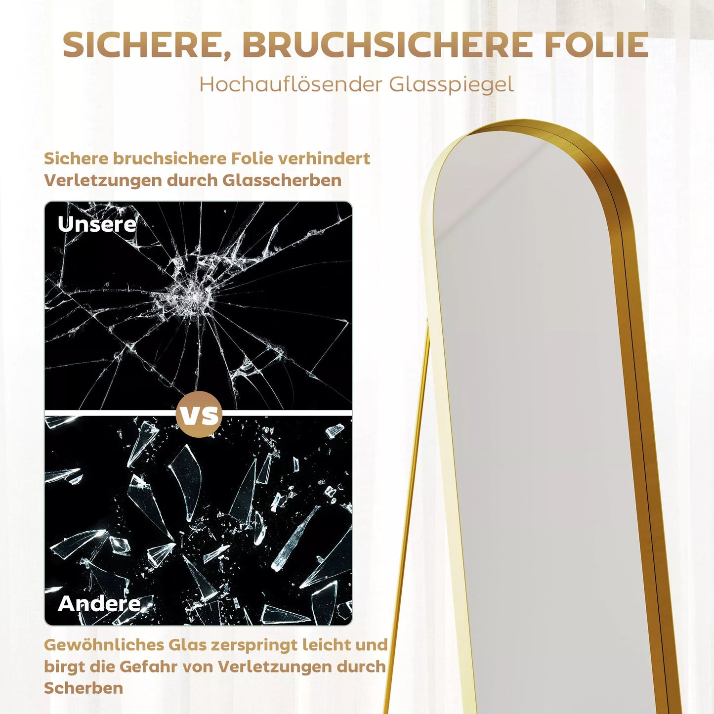 Viso kūno veidrodis su metaliniu rėmu, 160 x 50 cm, auksiniu rėmu, skirta svetainei, miegamajam