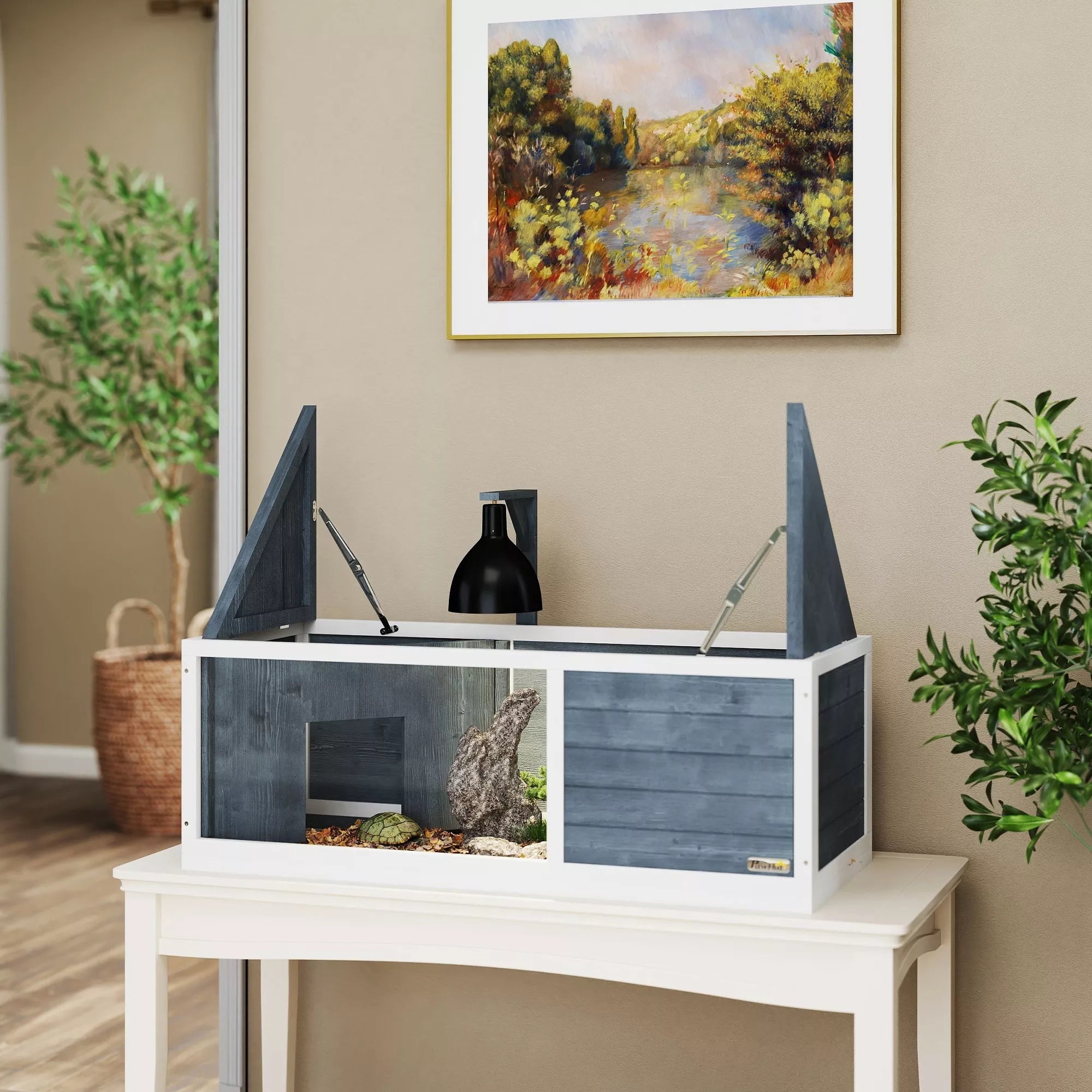 Vėžlių namelis su lengvai atidaromu viršumi, lempa, permatomu priekiniu skydeliu, 120 x 50 x 40 cm, pilkos spalvos