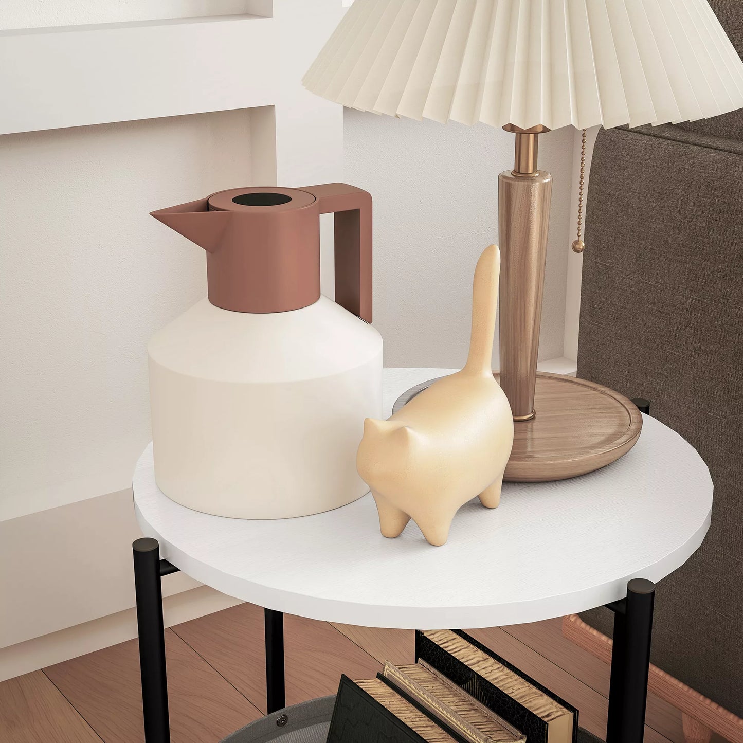 Apvalus staliukas su medžiaginiu krepšiu, 2 pakopų kavos staliukas svetainei, miegamajam, mažoms erdvėms, metalas, pilka+balta