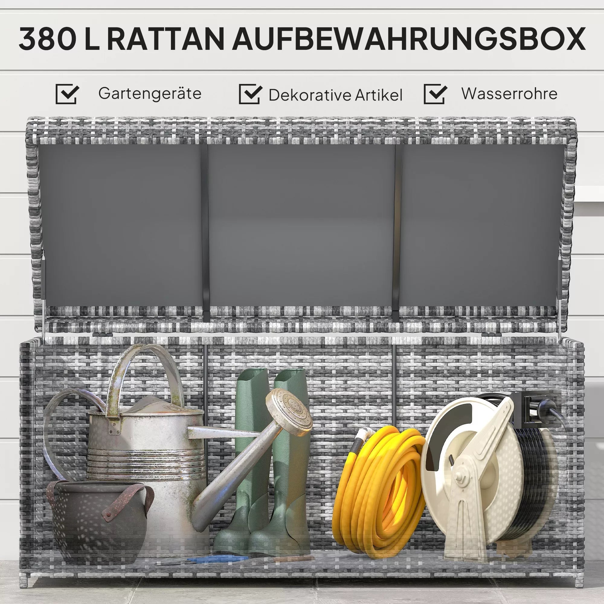 Rattan Auflagenbox 380L atsparus atmosferos poveikiui pagalvės dėžė su dangčiu Sandėliavimo erdvė Atsparus UV spinduliams 130 x 61 x 65 cm Tamsiai pilka