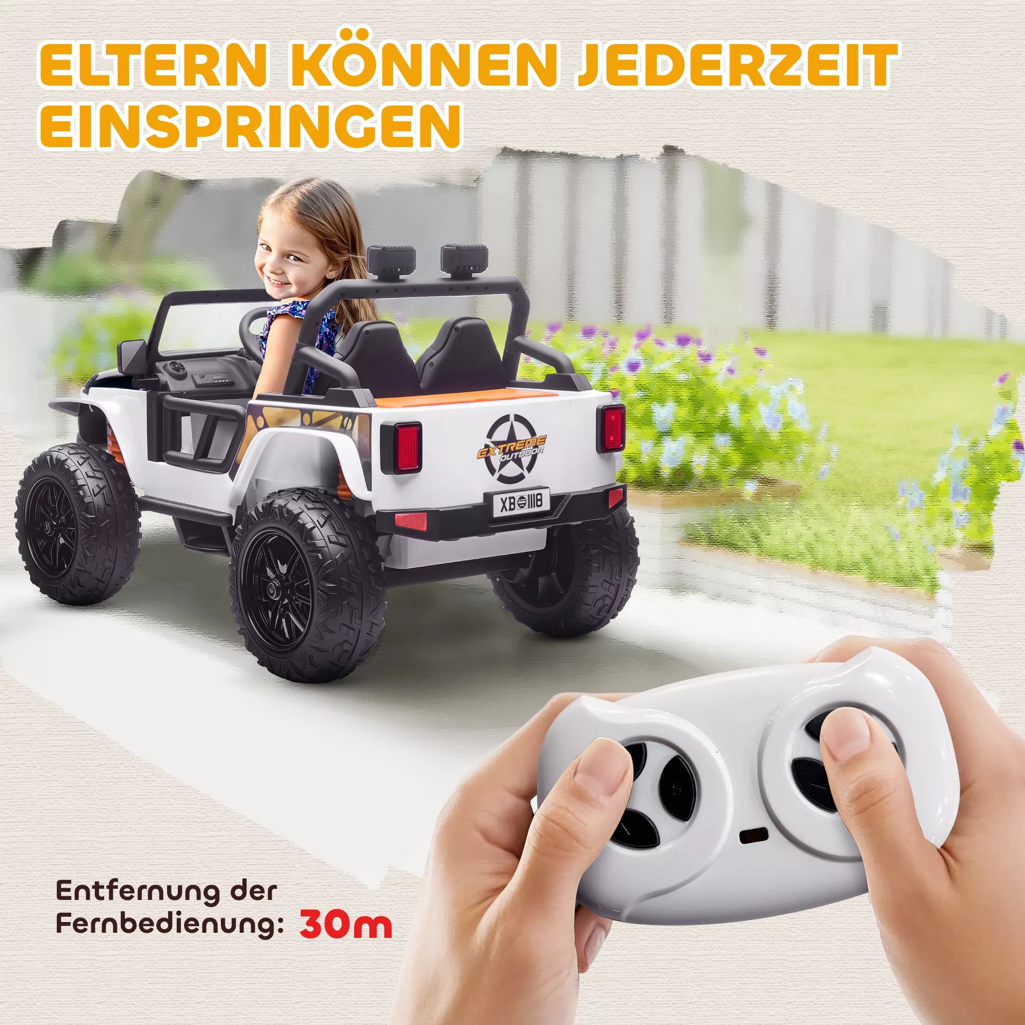 Elektrinis automobilis vaikams, 12 V baterija, su tėvų ir vaiko sėdynėmis, nuotolinio valdymo pultas, muzika, signalas, LED žibintai, 3–8 metai, baltas