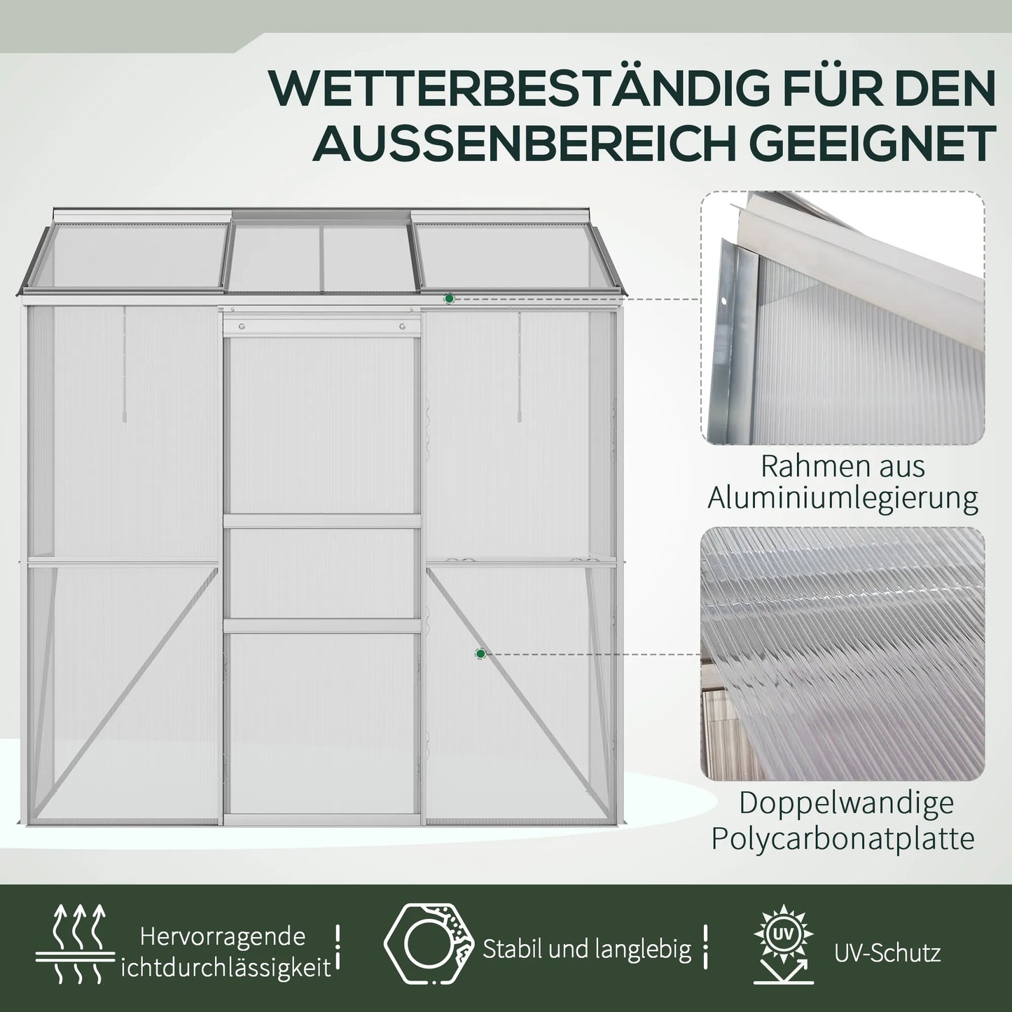 Prie sienos prigludusi šiltnamis, stumdomos durys, stoglangis, polikarbonatas + aliuminis, spalva: sidabrinė, 192 x 68 x 196 cm