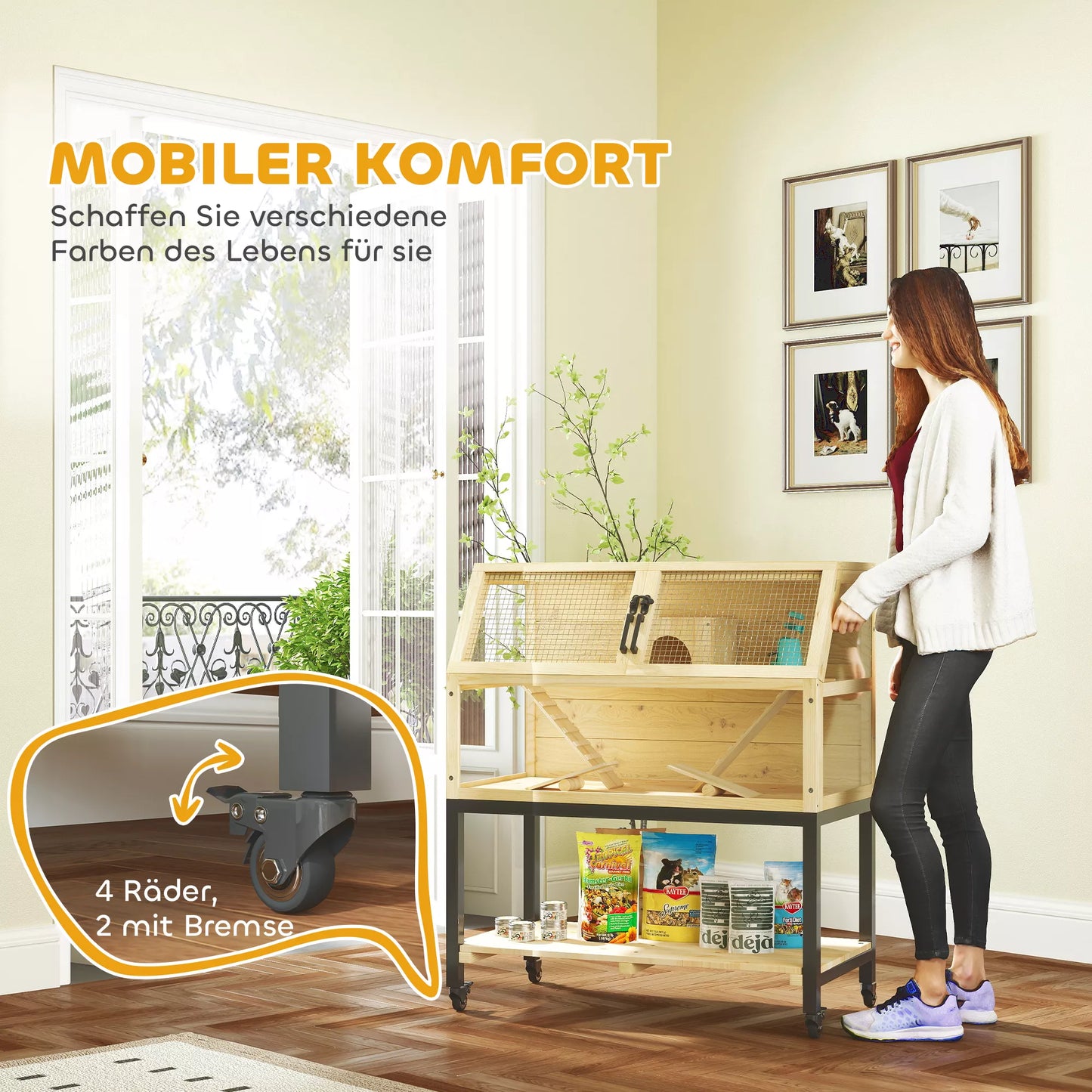 Medinis nykštukinių žiurkių narvelis su daiktų dėtuve, ratukais, rampos, vandens buteliuku, nameliu, sūpynėmis, 87 x 43 x 101 cm