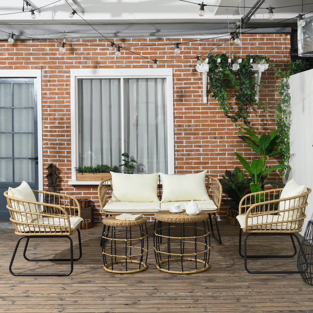 Rattanų sėdimoji grupė Lauko sėdimoji grupė, boho stiliaus, 5 dalių rinkinys, 145 x 70 x 78 cm, kreminė + natūrali + juoda