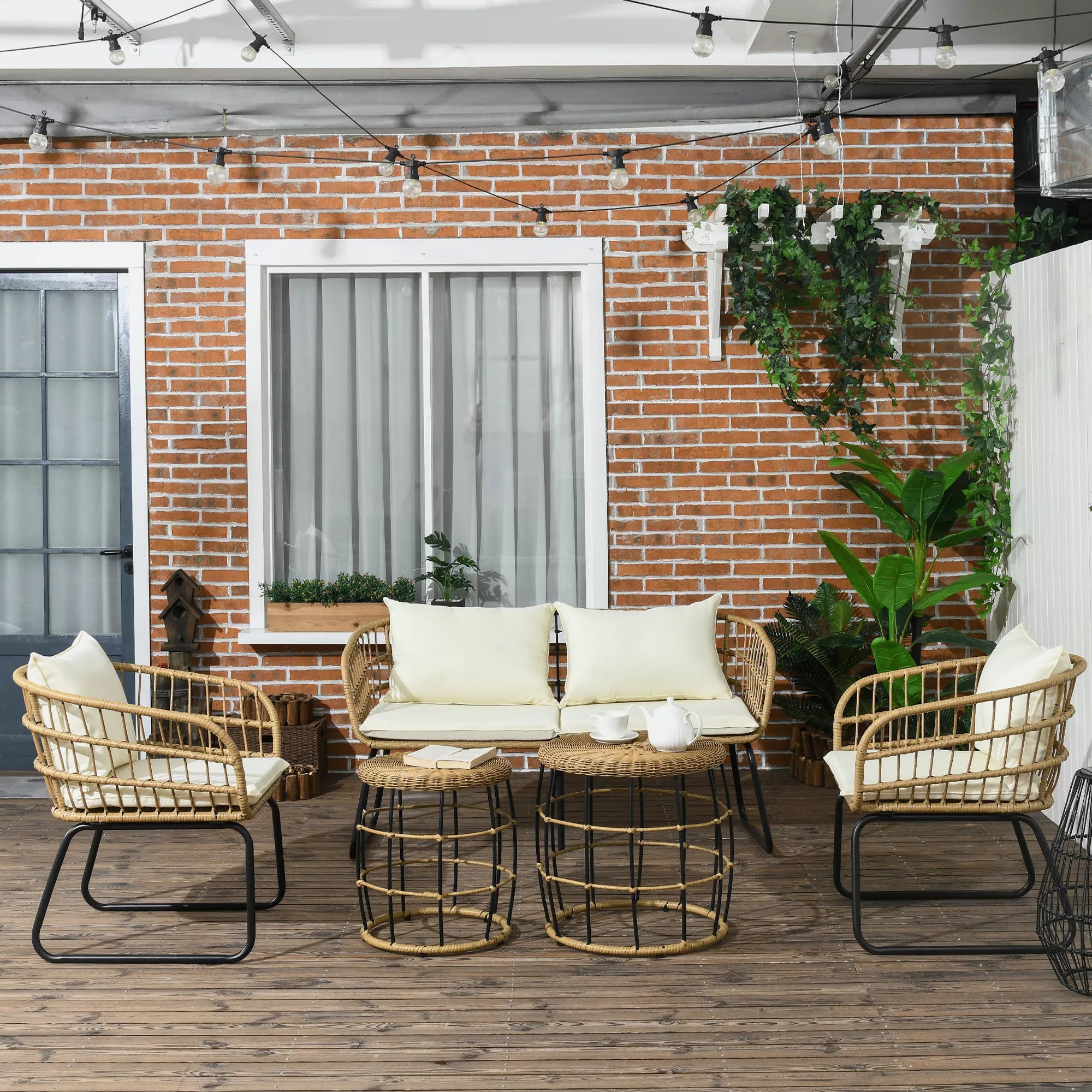 Rattanų sėdimoji grupė Lauko sėdimoji grupė, boho stiliaus, 5 dalių rinkinys, 145 x 70 x 78 cm, kreminė + natūrali + juoda
