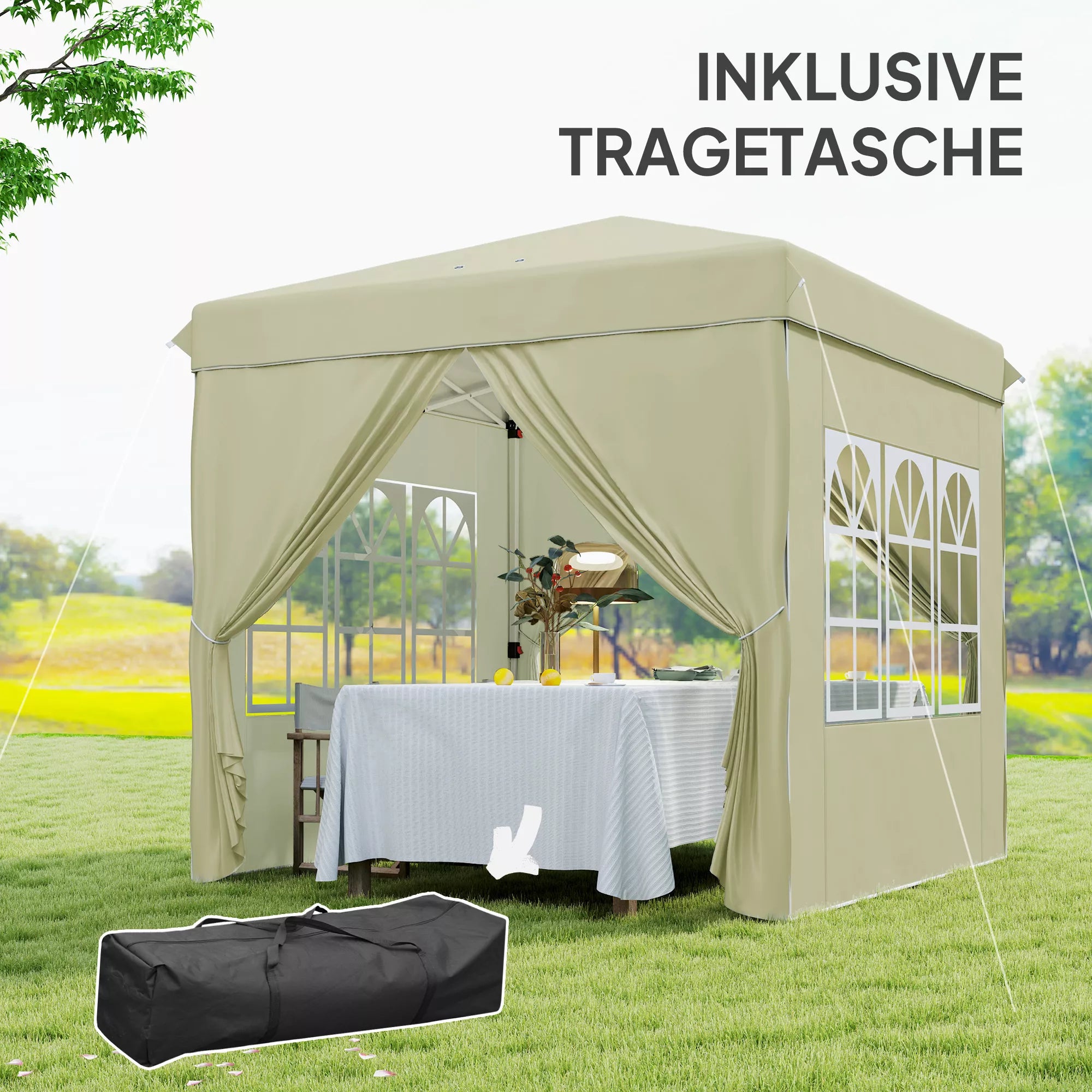 2,5 x 2,5 m Pop-up paviljono su šoninemis sienelėmis ir nešiojimo krepšiu, UPF50+ reguliuojamo aukščio sodo palapinė, kreminės baltos spalvos