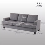 Trivietės sofos matmenų schema su išmatavimais 213, 90 ir 82 cm bei 360 kg žyma